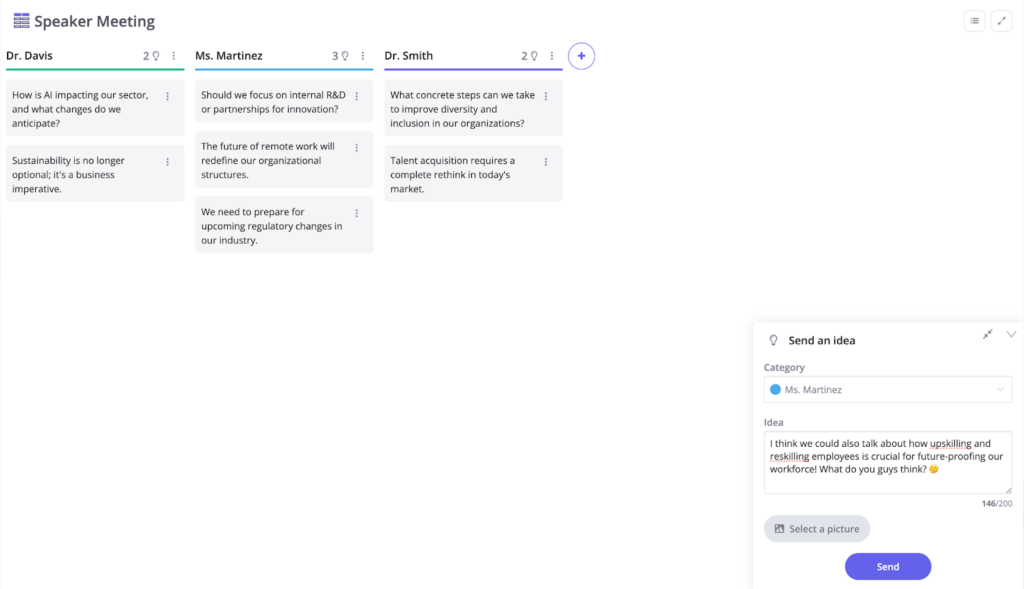 Board activity in Beekast where users can post their main talking points or questions to address. 